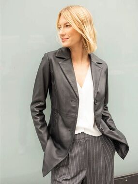 Mauri Black Leather Tailored Jacket with Notch Lapels